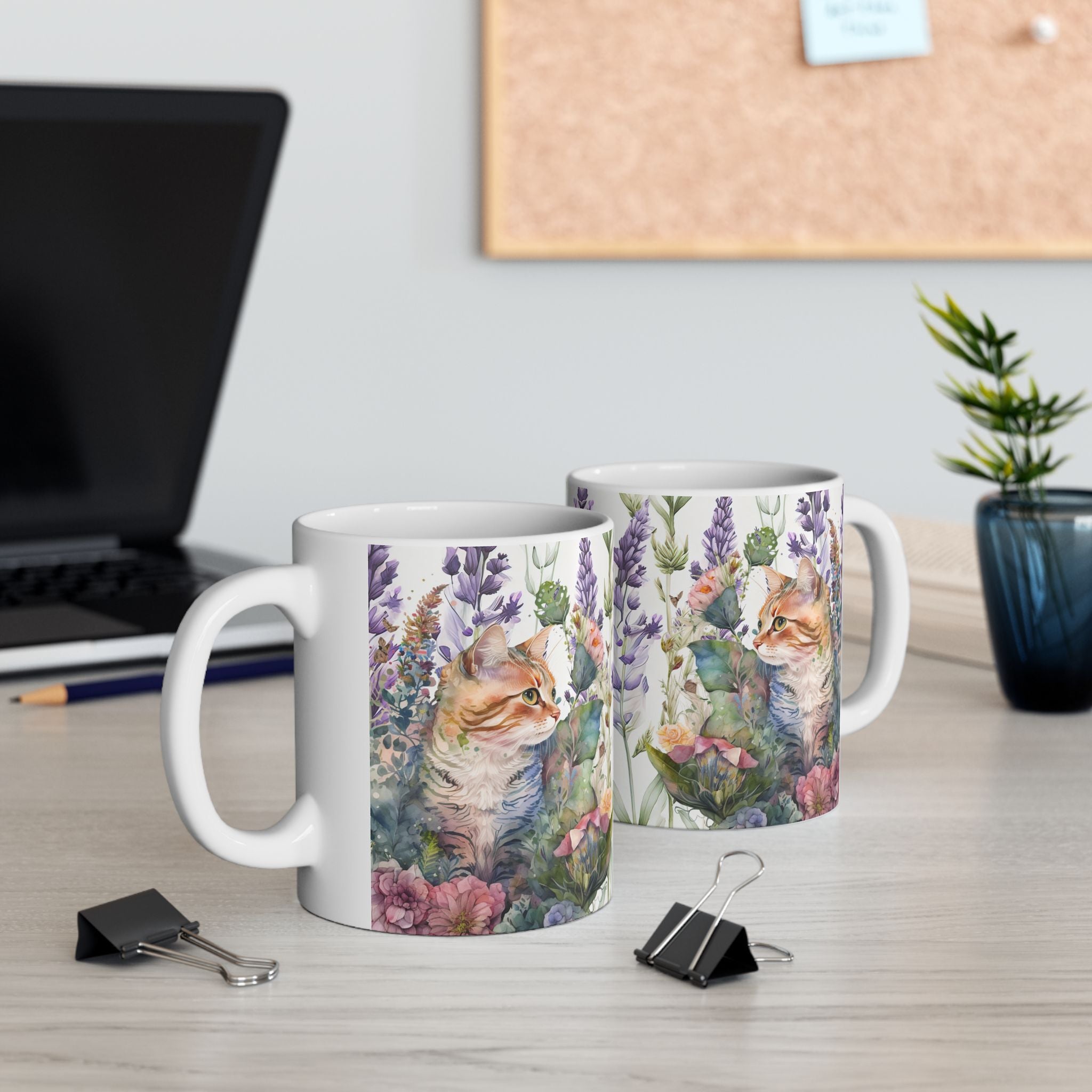 Botanical Cat Mug – Watercolor Floral Kitty Coffee Cup